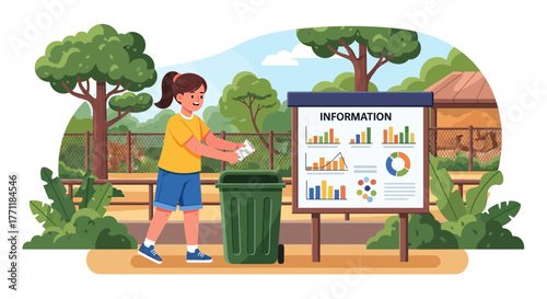 Young environmentalist diligently managing waste at the park information board