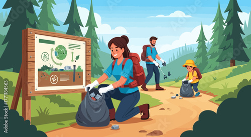 Family contributing to environmental cleaning activity in outdoor nature scenery