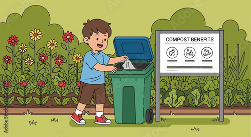 Young boy learns about composting in the garden, promoting environmental stewardship