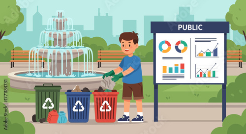 Volunteer Boy Picking Up Litter in the Park, Promoting Environmental Awareness