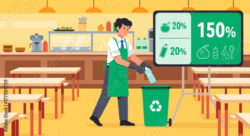 Educational illustration showcasing effective recycling efforts within a cafeteria setting