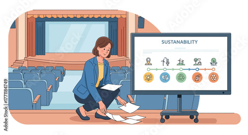 Female speaker organizing presentation on sustainability in the auditorium