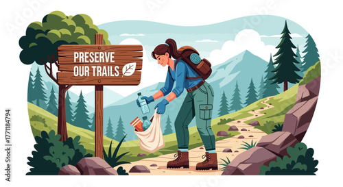 Volunteer cleaning trail picking up litter for environmental preservation