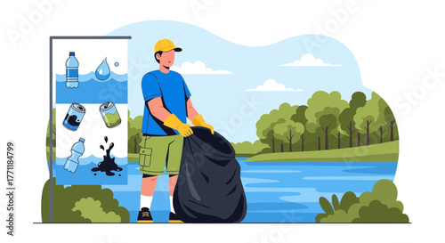 Volunteer gathering plastic waste along waterside, conservation effort for environment