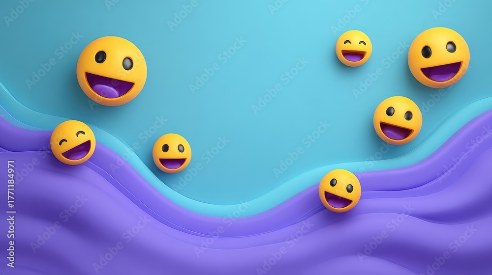 Naklejka premium Colorful Smiley Faces Floating on Wavy Blue and Purple Background, Perfect for Expressing Joy and Happiness in Various Creative Projects