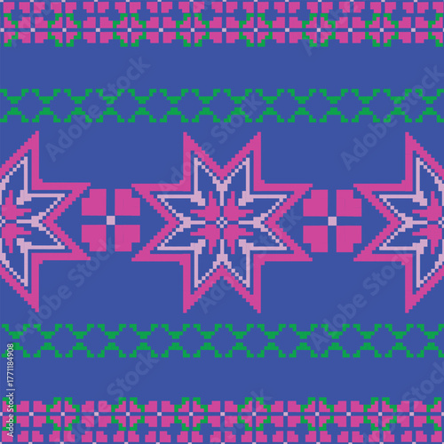 Pixel art pink flower and pink star on blue background wallpaper oriental seamless pattern.ornament. Ethnic .decor style. geometric ornament. Vector seamless pattern. blanket, rug. Woven carpet fabr