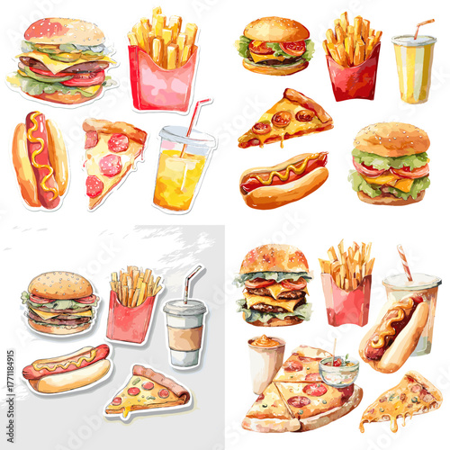 Watercolor illustration of burgers, fries, hot dogs, pizza, and drinks. Tasty street food collection perfect for cafe menu design or fast-food branding.