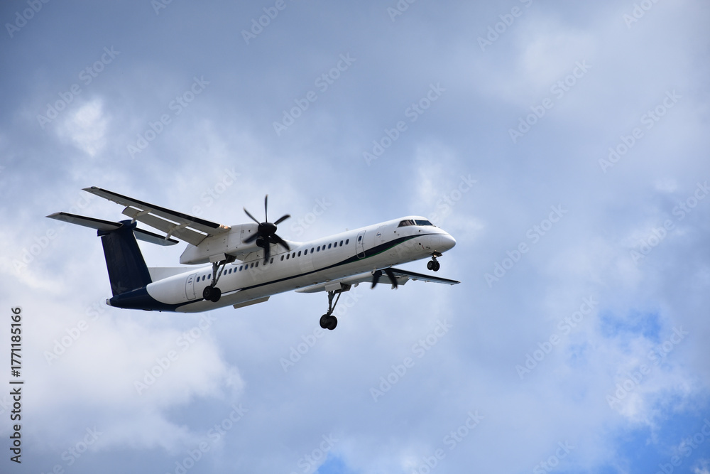 Obraz premium Turboprop passenger aircraft landing on a runway, captured in motion during descent.