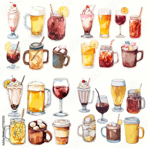 Watercolor drink set with beer, coffee, lemonade, cocktail, wine, and milkshake in glasses and jars. Perfect for cafe design, menu, or bar illustration.