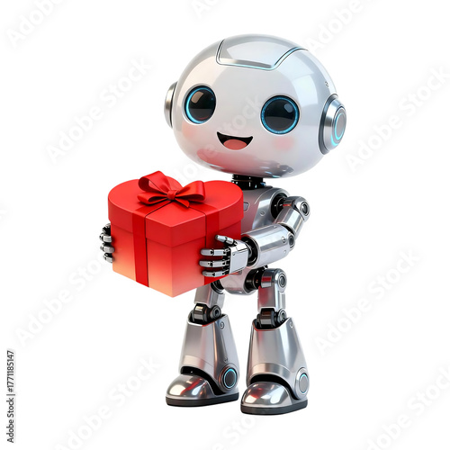3D cute AI robot holding a red heart gift box, smiling warmly, isolated on white background, romantic love theme, soft light render