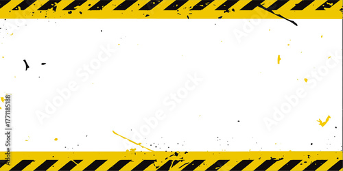 Grunge yellow banner background with black warning stripes, a safety caution sign for construction and road