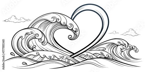 Vector illustration of stylized ocean waves forming a heart shape with clouds in the background design element