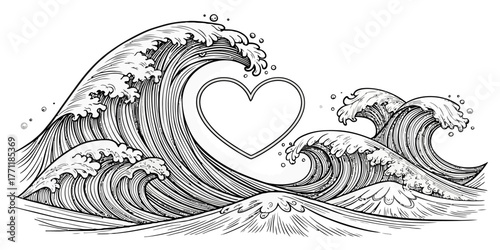 Vector stylized illustration of ocean waves with a heart shape in the center in black and white drawing style