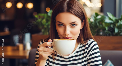 Young woman enjoying a hot beverage in a cozy cafe setting with warm lighting and greenery in the background for a relaxing coffee break experience