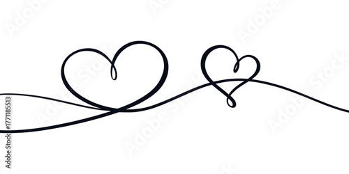 Vector two hearts connected by a single line in a minimalist style on a white background for decoration