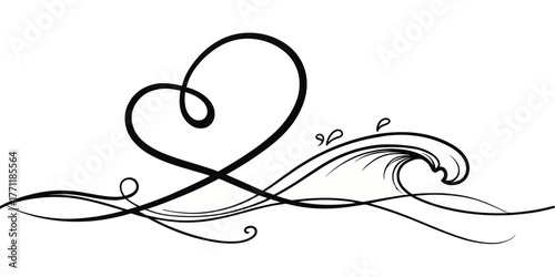 Vector elegant design featuring a heart shape and stylized wave in black line art illustration style