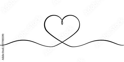 Vector single continuous line drawing of a heart shape with a flowing line beneath it on a white background