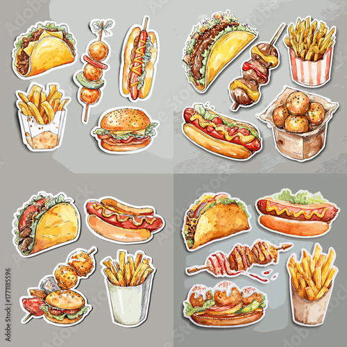 Watercolor illustration set of fast food including burgers, fries, tacos, hot dogs, and skewers. Perfect for restaurant design, cafe branding, and street food packaging artwork.