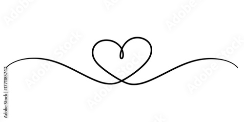 Vector single line drawing of a heart with a curved line extending horizontally on both sides of the heart shape