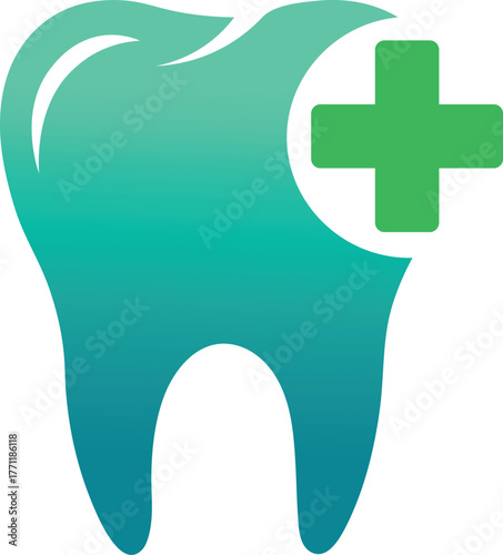Teal gradient tooth icon with green plus symbol dental health