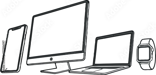 Monochrome Line Art Set of Connected Digital Devices