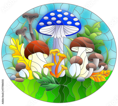 An illustration in the style of a stained glass window with a composition of mushrooms and leaves on a blue background