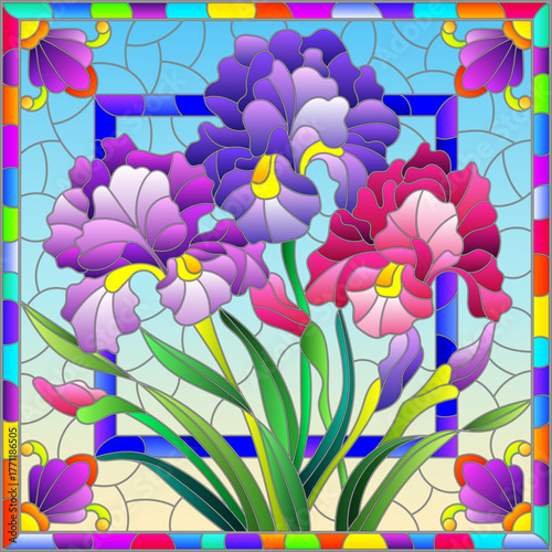 Wallpaper Mural Illustration in stained glass style with a bouquet of bright irises on a blue background Torontodigital.ca