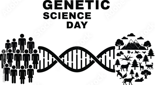 Genetic science day illustration with dna chain, people and nature