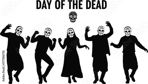 Day of dead illustration with people wearing skull masks