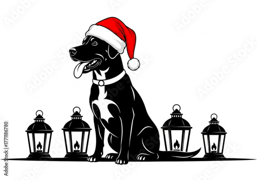Vector illustration of a black Labrador Retriever dog wearing a Santa hat, sitting between four vintage-style lanterns. Merry Christmas greeting card with a dog in a Santa hat and a festive quote.