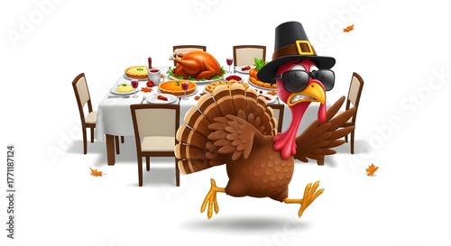 Funny Thanksgiving illustration of a cartoon turkey wearing sunglasses and a pilgrim hat running away from a dinner table full of festive food.