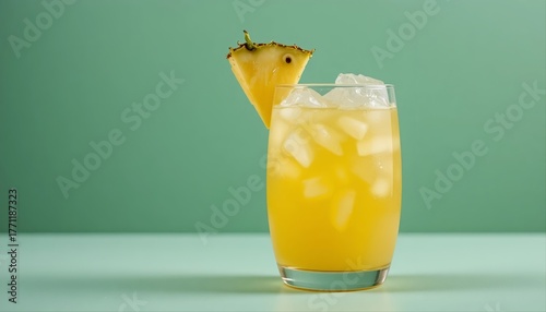 Tropical pineapple cocktail in a clear round glass, pineapple garnish, and ice, isolated on pastel mint