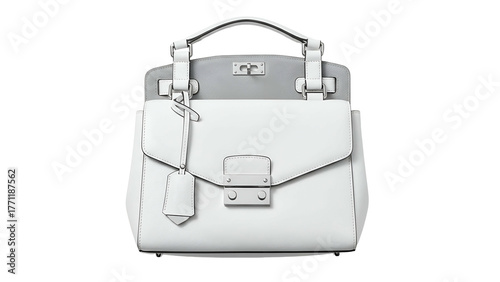 Structured white leather handbag features silver tone hardware and a hanging luggage tag