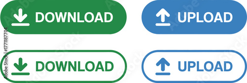 Collection of web UI buttons for data transfer operations, featuring both solid and outlined styles for download and upload actions, ideal for interface design