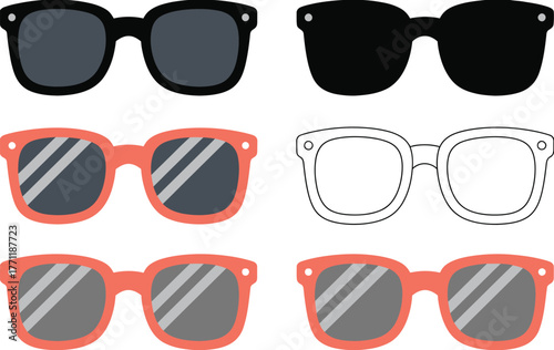 A versatile set of minimalist vector icons showing different styles of sunglasses for fashion, summer, and travel concepts