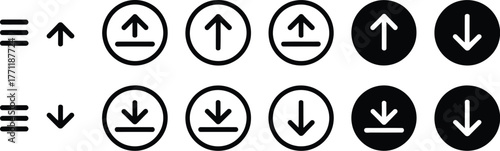 A set of nine black recycling and circular arrow icon designs - up and down directions - vector graphics