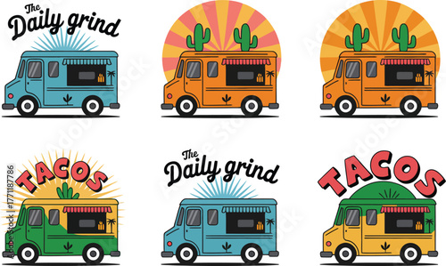 Set of six stylized food truck illustrations with vibrant sunburst backgrounds and unique signage