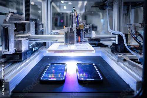 Overhead shot of manufacturing process, showcasing precision machinery working on two smartphones