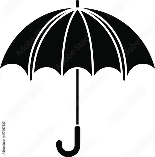 A simple black and white illustration of an open umbrella, a classic vector icon representing rain, weather, and protection