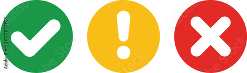 Essential vector feedback icons a green checkmark for success, a yellow warning exclamation, and a red 'X' for error or rejection. Simple graphic communication
