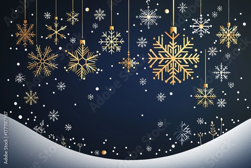 : Minimalist Christmas card with large snowflakes and fireworks on navy blue background, gold silver scheme.