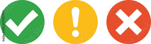 A simple set of vector notification icons for user interface design, featuring a green checkmark for success, a yellow exclamation point for a warning, and a red X for failure