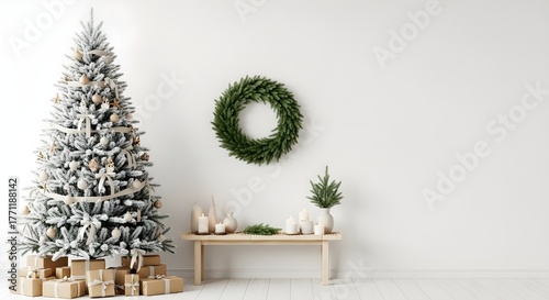 Minimalist Christmas scene with flocked tree, gifts, wreath, and cozy neutral home decor.