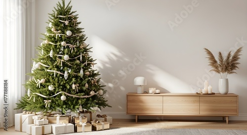 Cozy Christmas scene with decorated tree, gifts, and warm neutral interior design elements.