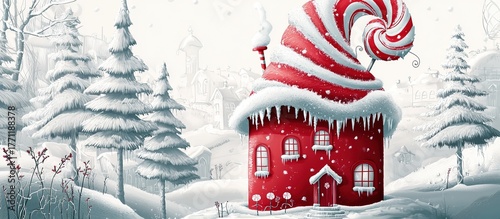 Whimsical red candy house with spiral striped roof in snowy landscape, fantasy cartoon illustration.