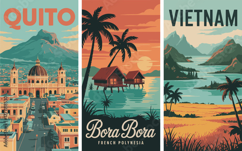 A whimsical illustration of three captivating vintage travel posters, showcasing diverse global destinations like bustling cityscapes and serene tropical island getaways