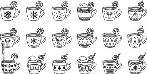 Assorted illustrated teacups with floral patterns and decorative elements