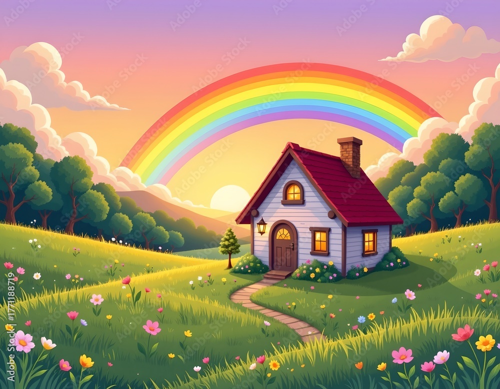 Fototapeta premium Whimsical Cozy Cottage Sunrise Meadow Scene