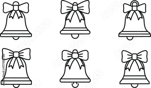Set of six black and white bell icons with ribbon bows