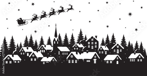 Enchanting Santa's sleigh flying over winter village, Christmas magic in black and white, starry night, holiday spirit, seasonal cheer, festive celebration